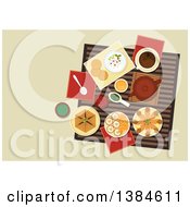 Table Setting Of Arabic Cuisine With Chickpea Falafels Wrapped In Flatbread Pita With Hummus Assortment Of Dipping Sauces Sfiha Meat Pie Teapot And Cakes With Sliced Oranges