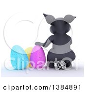 Poster, Art Print Of 3d Rear View Of A Gray Bunny Rabbit With Easter Eggs On A White Background