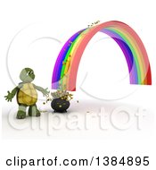 Poster, Art Print Of 3d Tortoise At The End Of A Rainbow And Pot Of Gold With Coins Spilling Out On A White Background