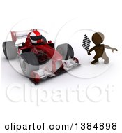 Poster, Art Print Of 3d Brown Man Holding A Racing Flag By A Forumula One Race Car On A White Background