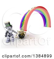 Poster, Art Print Of 3d Silver Robot At The End Of A Rainbow And Pot Of Gold With Coins Spilling Out On A White Background