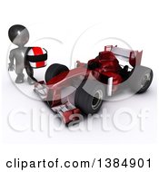 Poster, Art Print Of 3d Black Man Driver Holding A Helmet By A Forumula One Race Car On A White Background