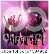 Clipart Of A Silhouetted Crowd Of People Dancing Over Pink Lights Royalty Free Vector Illustration