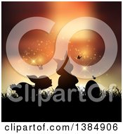 Clipart Of A Silhouetted Easter Egg And Bunny Rabbits With Butterflies Against A Sunset Royalty Free Vector Illustration