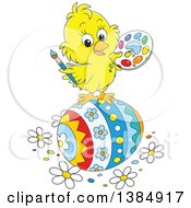 Poster, Art Print Of Cute Cartoon Yellow Chick Painting A Giant Easter Egg