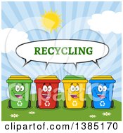 Poster, Art Print Of Cartoon Row Of Cololorful Talking Recycle Bin Characters Against A Sunny Sky
