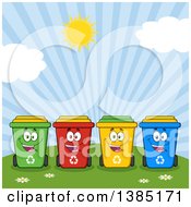 Cartoon Row Of Cololorful Happy Recycle Bin Characters Against A Sunny Sky