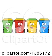 Cartoon Row Of Cololorful Happy Recycle Bin Characters