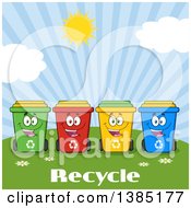 Cartoon Row Of Cololorful Happy Recycle Bin Characters Against A Sunny Sky Over Text