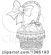 Poster, Art Print Of Black And White Lineart Basket Of Easter Eggs With A Bow On The Handle