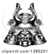 Clipart Of A Black And White Woodcut Or Engraved Samurai Mask Royalty Free Vector Illustration
