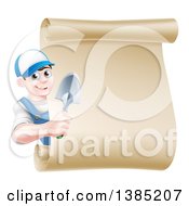 Poster, Art Print Of Happy Young Brunette White Male Gardener In Blue Holding A Hand Spade Shovel Around A Blank Scroll Sign