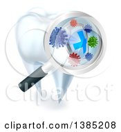 Clipart Of A Magnifying Glass Over A Tooth Displaying Bacteria And A Shield Royalty Free Vector Illustration by AtStockIllustration