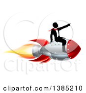 Silhouetted Businessman Sitting On A 3d Rocket And Pointing Forward