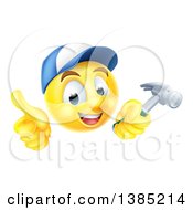Clipart Of A 3d Carpenter Yellow Smiley Emoji Emoticon Face Giving A Thumb Up And Holding A Hammer Royalty Free Vector Illustration