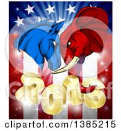 Poster, Art Print Of Political Aggressive Democratic Donkey Or Horse And Republican Elephant Butting Heads Over A 2016 American Flag And Burst