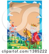 Poster, Art Print Of Happy Caucasian Horseback King Near A Castle Over On An Aged Parchment Scroll Page