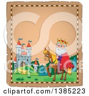 Poster, Art Print Of Happy Caucasian Horseback King Near A Castle On An Aged Parchment Page