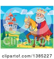 Clipart Of A Happy Caucasian Horseback King Near A Castle Royalty Free Vector Illustration by visekart