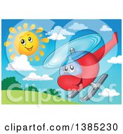 Happy Cartoon Helicopter Character Flying On A Sunny Day