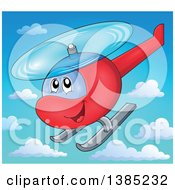 Happy Cartoon Helicopter Character Flying In The Sky