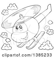 Black And White Lineart Happy Cartoon Helicopter Character Flying In The Sky