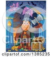 Cartoon Happy Male Dwarf Warrior Holding Up An Axe Near Treasure In A Corridor