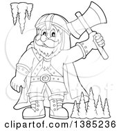 Poster, Art Print Of Black And White Lineart Cartoon Happy Male Dwarf Warrior Holding Up An Axe In A Cave