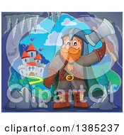 Poster, Art Print Of Cartoon Happy Male Dwarf Warrior Holding Up An Axe In A Cave Near A Castle