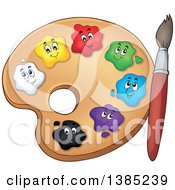 Clipart Of A Cartoon Paint Palette With Colorful Character Spots And A Brush Royalty Free Vector Illustration
