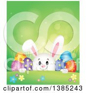 Poster, Art Print Of Bunny Rabbit Peeking Over A Hill With Easter Eggs Flowers And Grass Over Green Flares