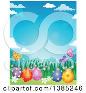 Poster, Art Print Of Background Of Patterned Easter Eggs Butterflies Grass And Flowers Against A Blue Sky