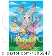 Poster, Art Print Of Gray Bunny Rabbit Welcoming Behind An Easter Basket With Eggs
