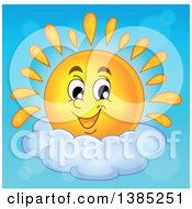 Poster, Art Print Of Happy Sun Character Resting On A Cloud In A Blue Sky