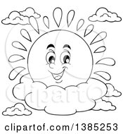 Poster, Art Print Of Black And White Lineart Happy Sun Character Resting On A Cloud
