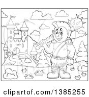 Poster, Art Print Of Black And White Lineart Cartoon Orc Holding A Club Near A Castle