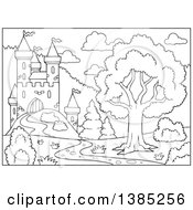 Clipart Of A Black And White Lineart Castle Landscape Royalty Free Vector Illustration