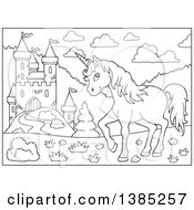 Poster, Art Print Of Black And White Lineart Unicorn Near A Castle