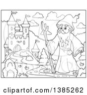 Black And White Lineart Druid Wizard By A Castle