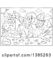 Poster, Art Print Of Black And White Lineart Fairy Near A Castle