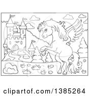 Poster, Art Print Of Black And White Lineart Pegasus Horse Near A Castle