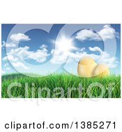 Poster, Art Print Of 3d Gold Easter Eggs In Grass Under A Sunny Spring Sky