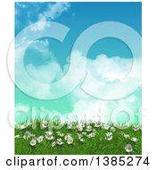 Poster, Art Print Of 3d Grassy Hill With Daisies And Grass Against Blue Sky With Clouds