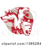 Clipart Of A Retro Three Headed Cerberus Devil Dog Hellhound Monster Emerging From A Tan Circle Royalty Free Vector Illustration
