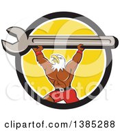 Clipart Of A Cartoon Bald Eagle Mechanic Man Lifting A Giant Spanner Wrench In A Black White And Yellow Circle Royalty Free Vector Illustration