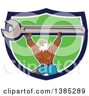 Poster, Art Print Of Cartoon Bald Eagle Mechanic Man Lifting A Giant Spanner Wrench In A Blue White And Green Shield