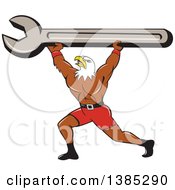 Poster, Art Print Of Cartoon Bald Eagle Mechanic Man Lifting A Giant Spanner Wrench
