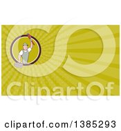 Clipart Of A Retro Cartoon White Male Plumber Holding Up A Monkey Wrench And Tool Box And Green Rays Background Or Business Card Design Royalty Free Illustration