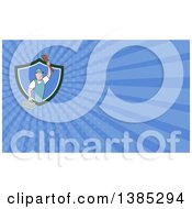 Poster, Art Print Of Retro Cartoon White Male Plumber Holding Up A Monkey Wrench And Tool Box And Blue Rays Background Or Business Card Design