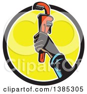 Clipart Of A Retro Woodcut Plumbers Hand Holding Up A Monkey Wrench In A Black White And Yellow Circle Royalty Free Vector Illustration